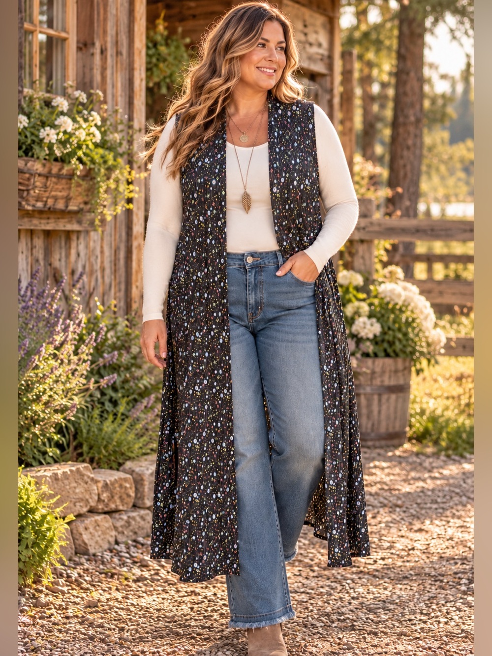 LuLaRoe Joy Long Light Black Floral Duster Vest Size XL